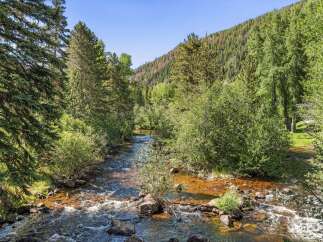 Experience the tranquility of this stunning mountain property, featuring a picturesque stream flowing through lush greenery.