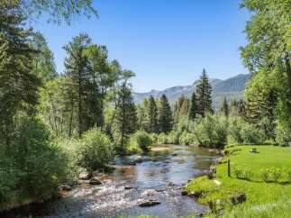 Experience serene living with this stunning property featuring a tranquil river flowing through lush greenery.