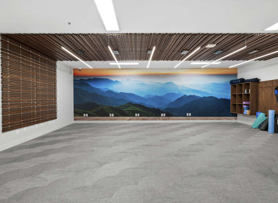 Experience tranquility in this serene yoga studio, featuring a breathtaking mountain mural that creates a calming ambiance.