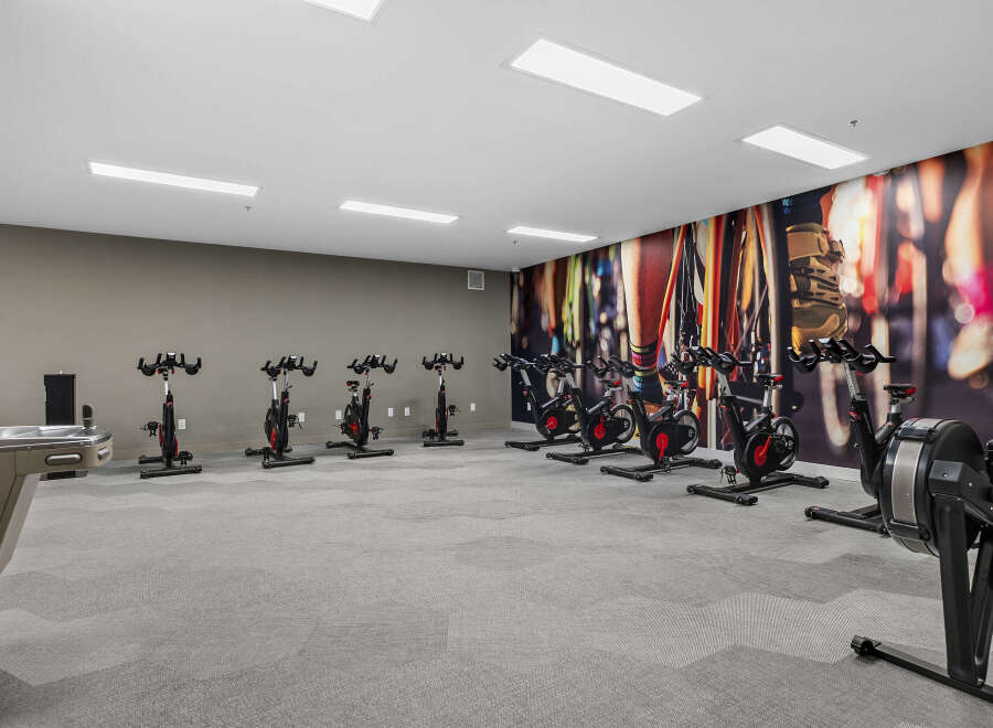 This modern gym features a row of stationary bikes and a rowing machine, perfect for a cardio workout.