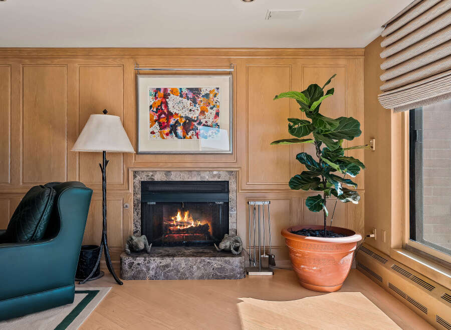 Cozy living room featuring a marble fireplace with a roaring fire, complemented by warm wood paneling and a vibrant abstract artwork.