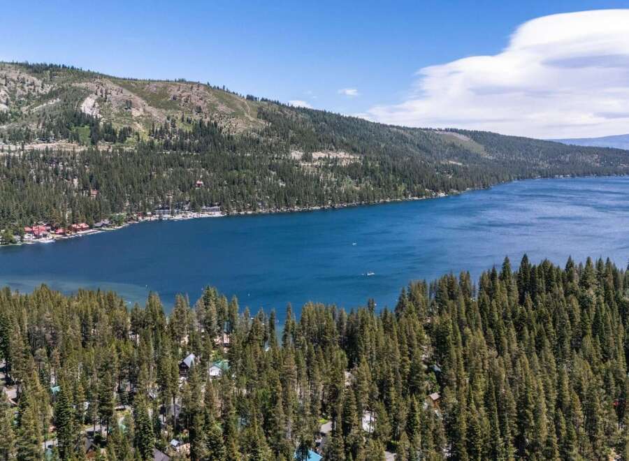 Experience the ultimate lakeside living with this stunning aerial view of homes nestled among pine trees, offering breathtaking vistas of a vast, blue lake.
