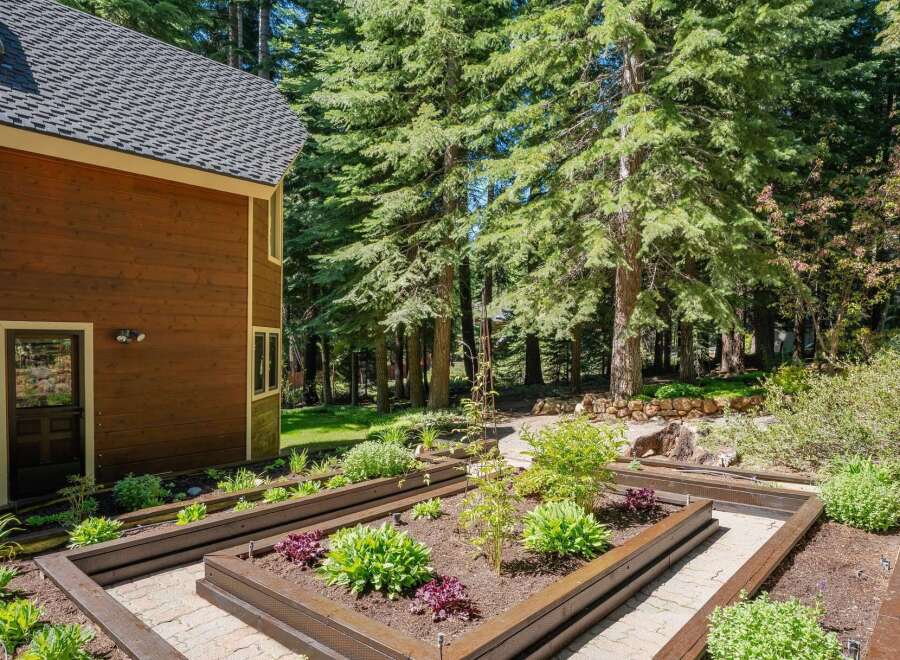 Discover a beautifully landscaped backyard featuring raised garden beds perfect for cultivating your own vegetables and flowers.