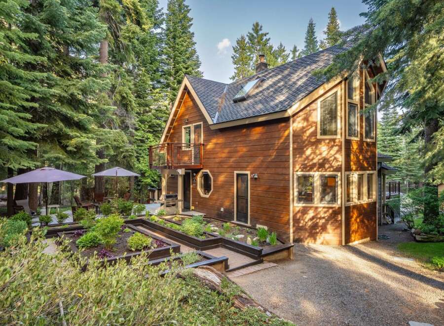 Nestled amidst towering pine trees, this charming wooden cabin offers a serene mountain retreat.