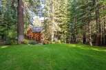 Nestled amidst towering trees, this charming wooden home offers a serene retreat.