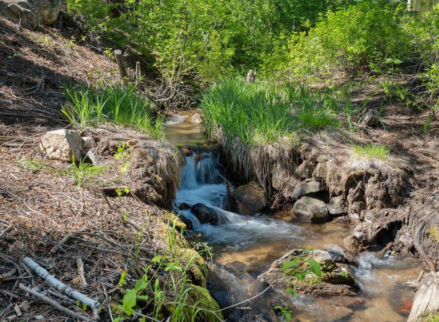 Discover your private oasis with this charming property featuring a serene stream flowing through lush greenery.