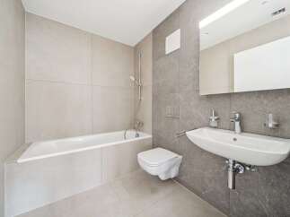 Experience modern comfort in this beautifully appointed bathroom, featuring a sleek bathtub and a wall-mounted toilet for a minimalist aesthetic.