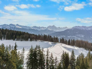 Experience breathtaking mountain views from this stunning property, nestled amidst a pristine winter landscape.