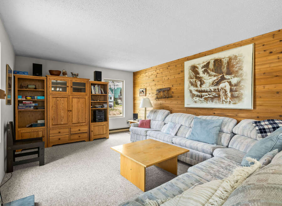 Cozy living room featuring a spacious sectional sofa adorned with decorative pillows and a plaid throw blanket.