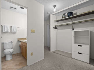 Discover a well-appointed bathroom featuring a toilet and vanity, complemented by a spacious closet with shelving and hanging space.