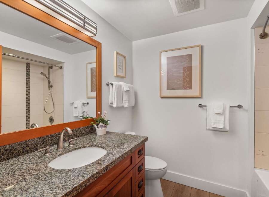 This bathroom features a granite-topped vanity with a wooden cabinet, a modern sink, and a brushed nickel faucet.