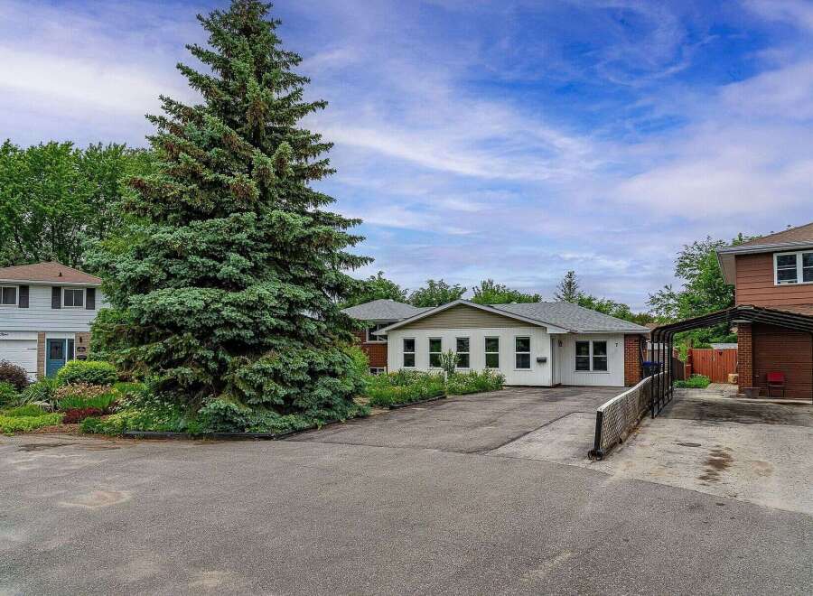 Discover this charming property featuring a spacious driveway leading to a well-maintained home with a large evergreen tree providing ample privacy.