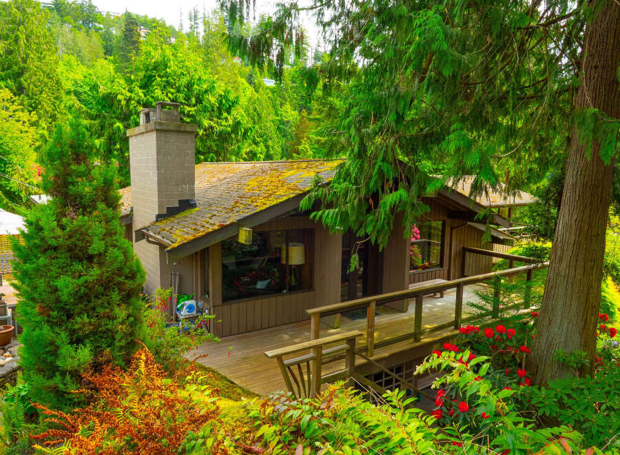 Nestled amidst lush greenery, this charming home offers a serene retreat with its expansive wooden deck and natural surroundings.