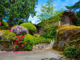 Nestled amidst lush greenery and vibrant blooms, this charming home offers a serene retreat.