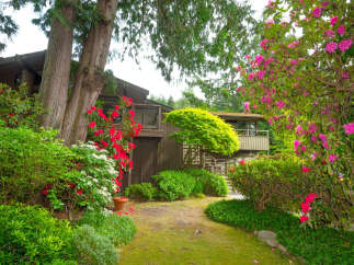 Nestled amidst lush greenery and vibrant rhododendrons, this home offers a serene retreat.
