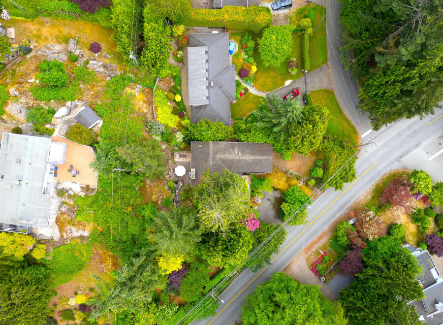 Discover this stunning aerial view showcasing a beautifully landscaped property with multiple homes nestled amongst lush greenery and vibrant flowering bushes.