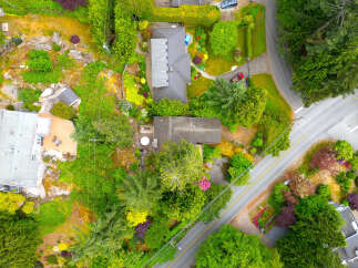 Discover this stunning aerial view showcasing a beautifully landscaped property with multiple homes nestled amongst lush greenery and vibrant flowering bushes.