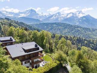Experience breathtaking mountain vistas from this stunning chalet, nestled amidst lush greenery.