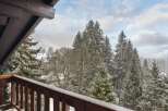 Experience the charm of a winter wonderland from your private balcony, offering breathtaking views of snow-dusted pine trees and a serene mountain landscape.