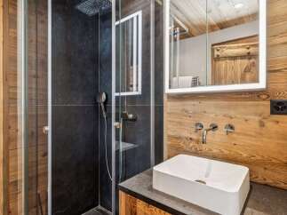 Experience modern alpine living in this beautifully appointed bathroom, featuring a sleek glass-enclosed shower with a rainfall showerhead and dark stone tiling.