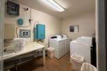 Discover convenience in this well-equipped laundry room, featuring multiple washers and dryers ready for use.