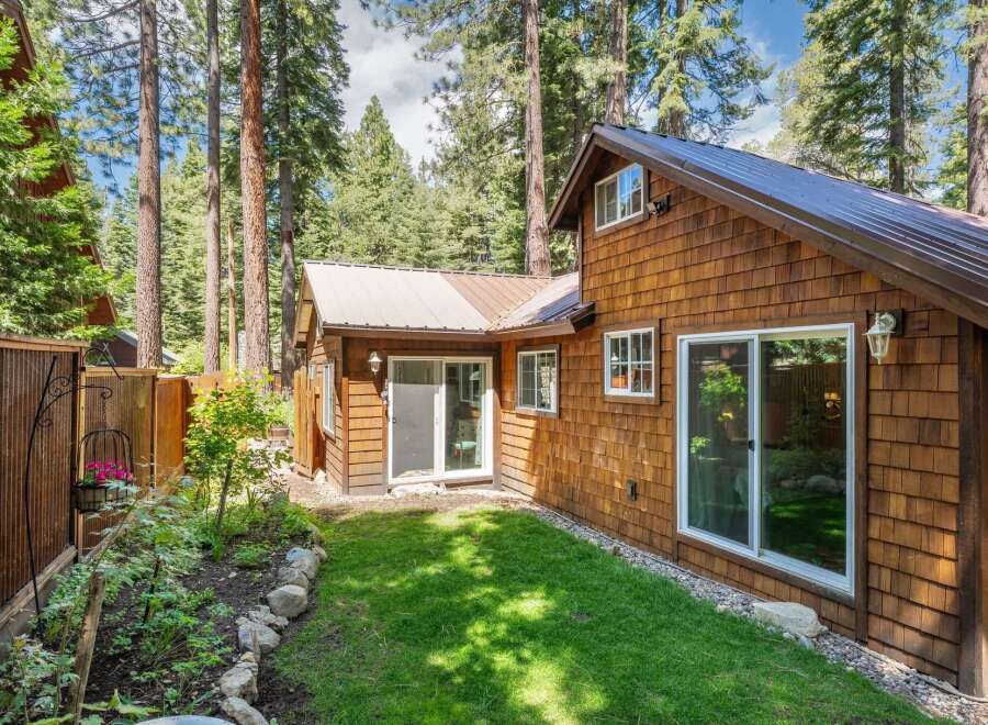Nestled amongst tall pine trees, this charming cabin offers a serene retreat.
