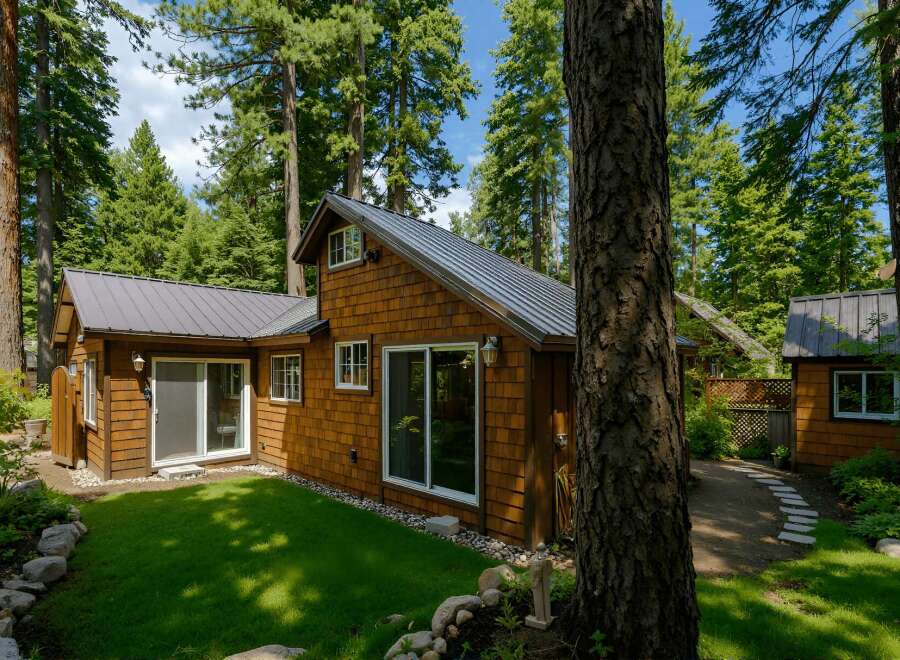 Nestled amongst tall pine trees, this charming cabin offers a serene retreat.