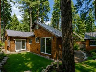 Nestled amongst tall pine trees, this charming cabin offers a serene retreat.