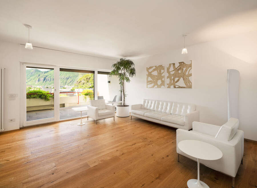 Experience modern living in this spacious apartment featuring a bright and airy living room with sleek white furniture and a large plant.