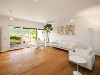 Experience modern living in this spacious apartment featuring a bright and airy living room with sleek white furniture and a large plant.
