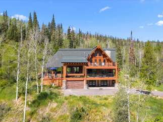 Experience luxury mountain living in this stunning log home, nestled amidst a serene forest landscape.