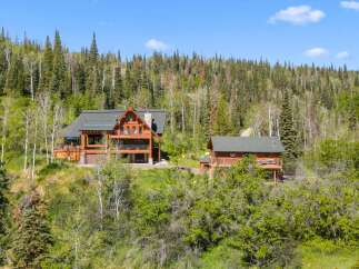 Nestled amidst a lush forest, this stunning log home offers a serene mountain retreat.