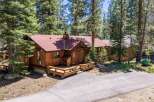 Nestled amongst tall pine trees, this charming wooden cabin offers a serene mountain retreat.