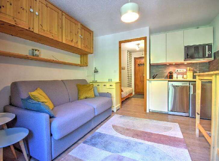 This cozy studio apartment features a comfortable sofa, a compact kitchen area with modern appliances, and ample storage with overhead wooden cabinets.