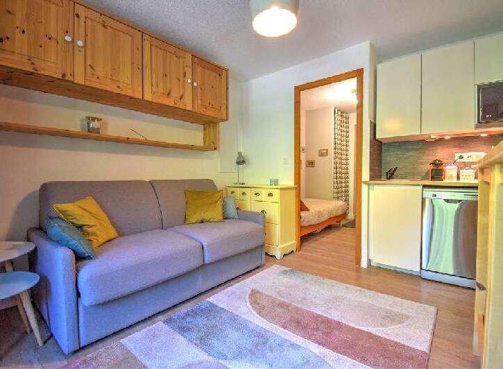 This cozy studio apartment features a comfortable sofa, a compact kitchen with a dishwasher, and a separate sleeping area.