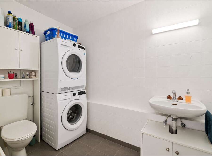 This modern laundry room features a stacked washer and dryer for space efficiency, complemented by a convenient toilet and a sleek sink with storage.