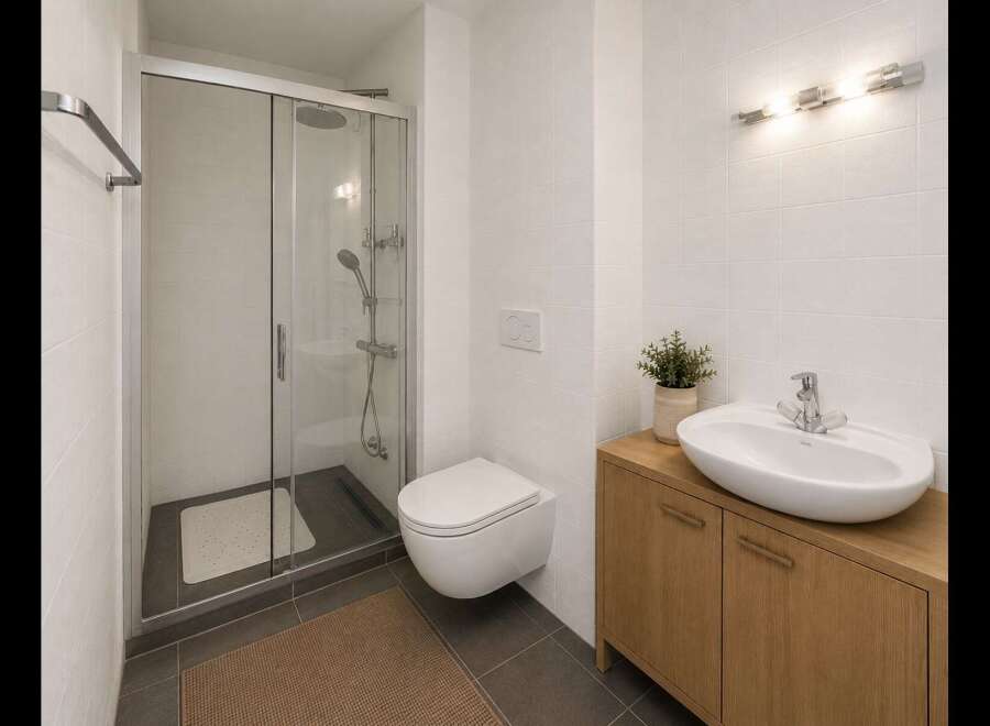 This modern bathroom features a sleek glass-enclosed shower with a rainfall showerhead, a wall-mounted toilet, and a stylish vanity with a vessel sink.