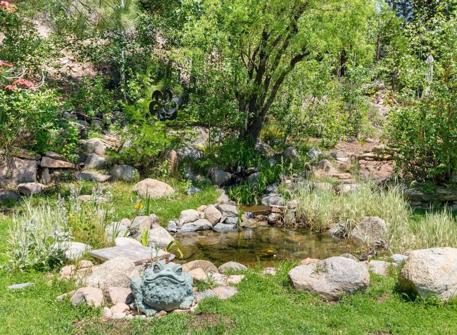 Discover a serene backyard oasis featuring a charming pond surrounded by lush greenery and natural stone landscaping.