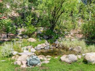 Discover a serene backyard oasis featuring a charming pond surrounded by lush greenery and natural stone landscaping.