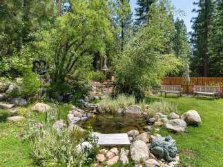 Escape to your private oasis with this stunning backyard featuring a tranquil water feature and lush greenery.