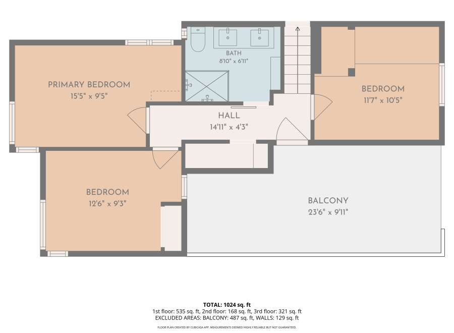 Discover this spacious floor plan featuring a primary bedroom measuring 15'5' x 9'5', alongside two additional bedrooms.