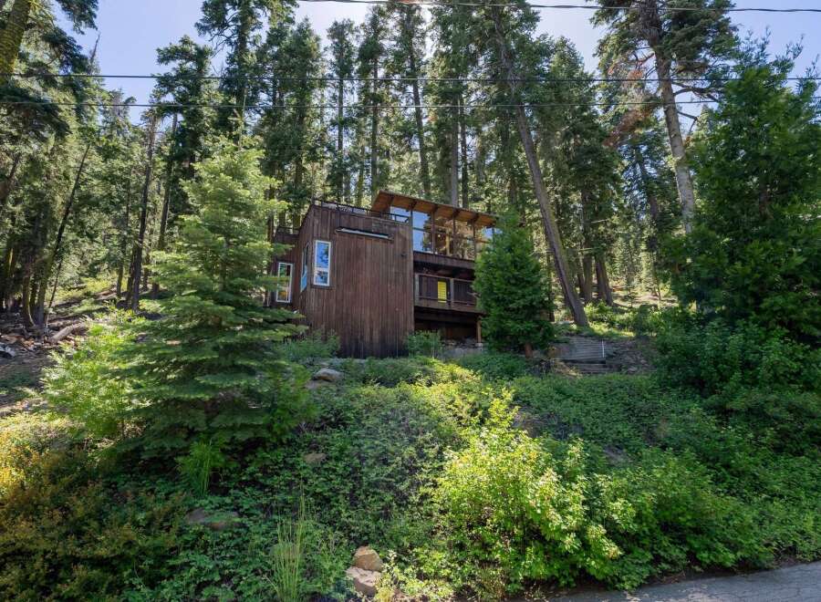 Nestled amidst towering trees, this unique wooden home offers a secluded mountain retreat.