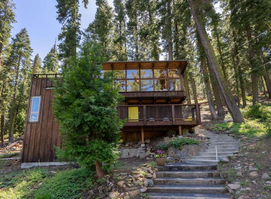 Nestled amongst towering trees, this unique wooden cabin offers a serene retreat with stunning natural views.