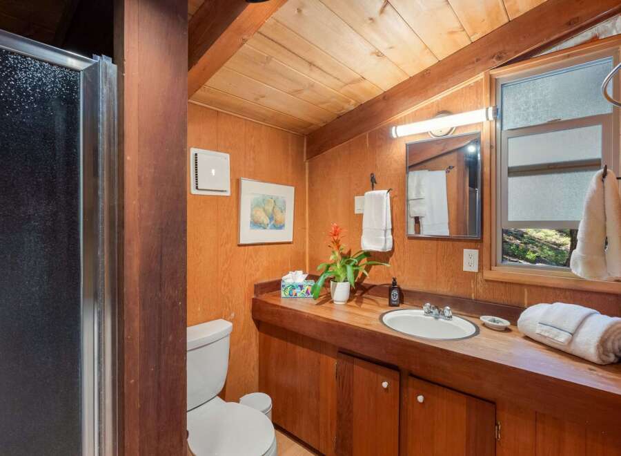 This charming bathroom features a rustic wooden vanity with a built-in sink, complemented by warm wood paneling and a sloped ceiling.