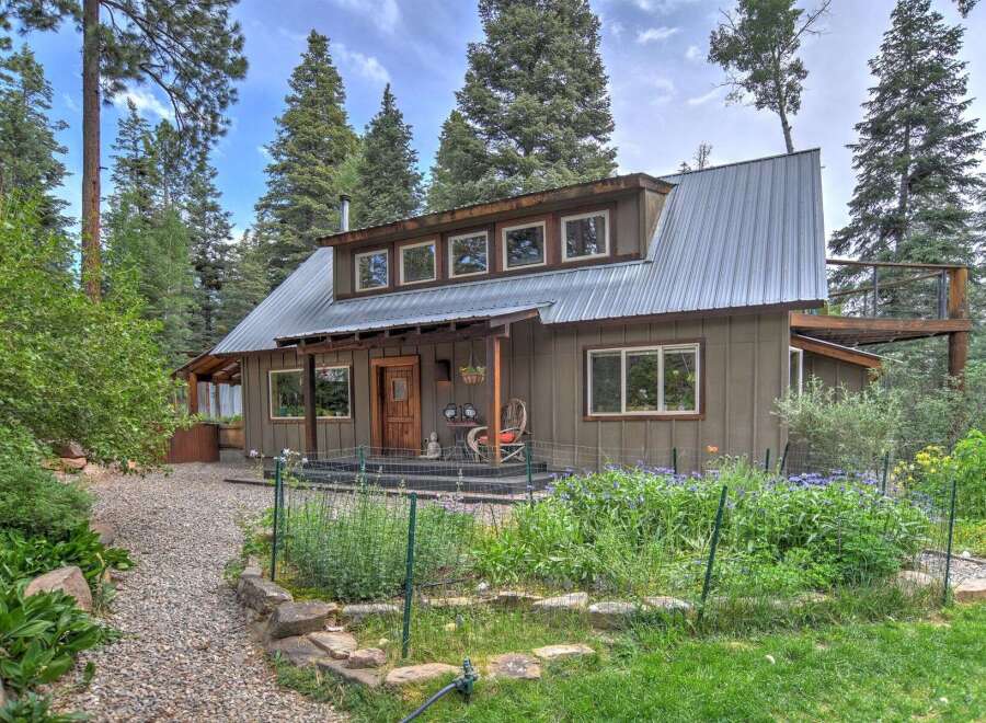 Nestled amidst tall pines, this charming home offers a serene retreat with its rustic metal roof and warm wood accents.