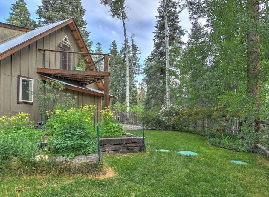 Nestled amidst a serene forest, this charming home offers a tranquil retreat with its rustic exterior and lush surrounding greenery.