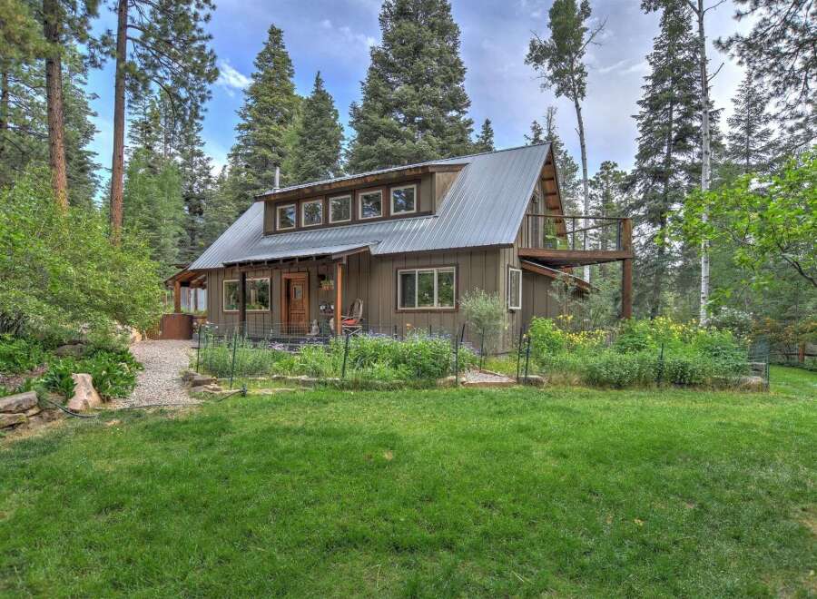 Nestled amidst tall pines, this charming cabin offers a serene retreat with a rustic aesthetic.