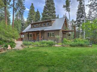 Nestled amidst tall pines, this charming cabin offers a serene retreat with a rustic aesthetic.