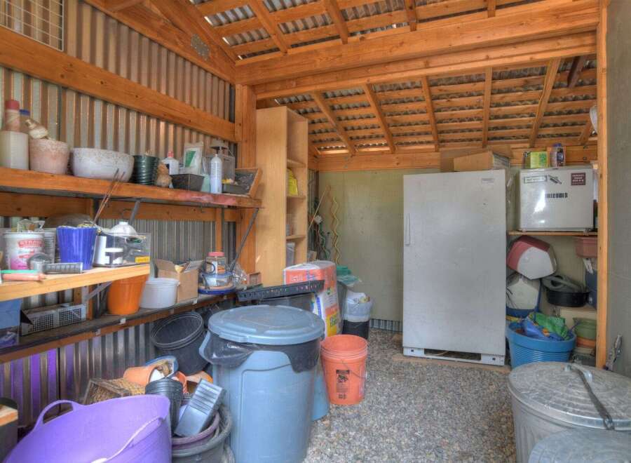 This spacious shed offers ample storage solutions with its sturdy shelving units, perfect for organizing tools and supplies.