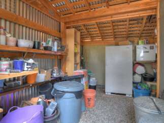 This spacious shed offers ample storage solutions with its sturdy shelving units, perfect for organizing tools and supplies.